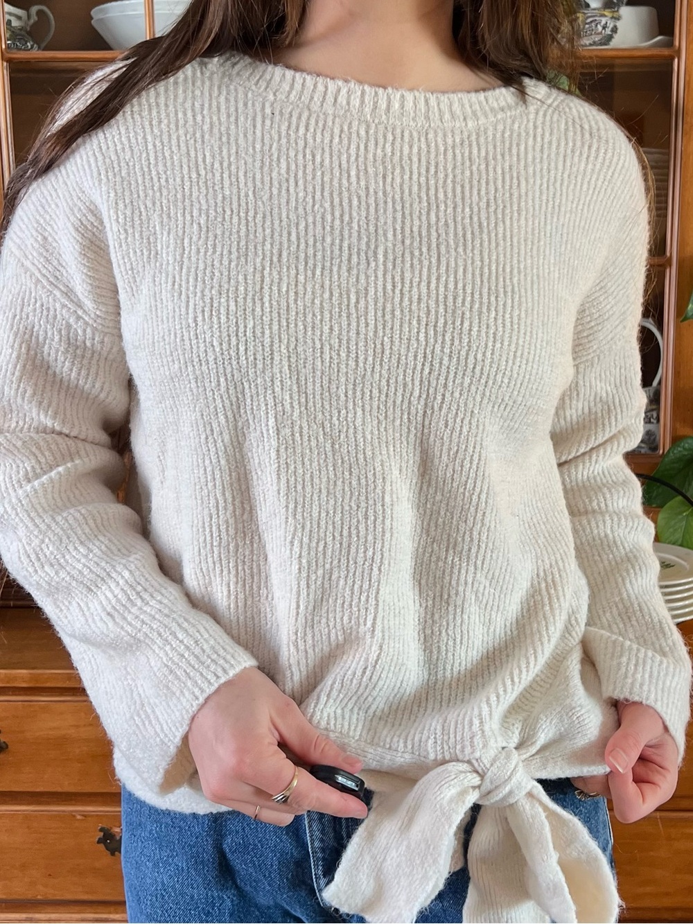 a new day Cream Tie-Front Crewneck Sweater